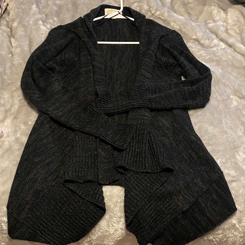 Black Open-Front Hooded Knit Sweater Cardigan